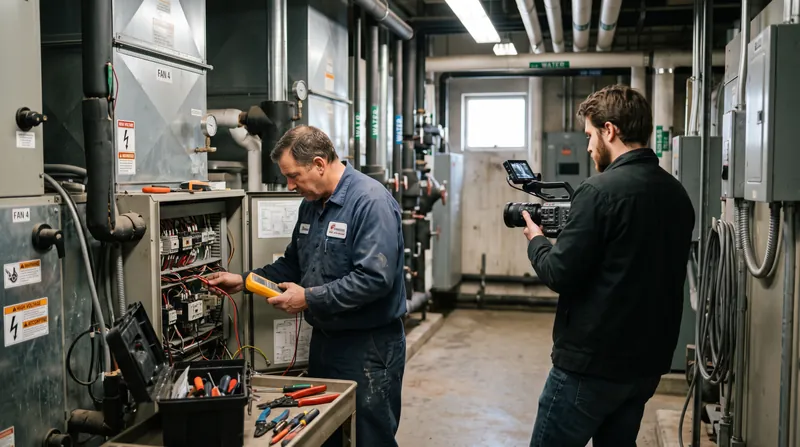 A videographer filming an HVAC technician inspecting equipment for customer-story B-roll