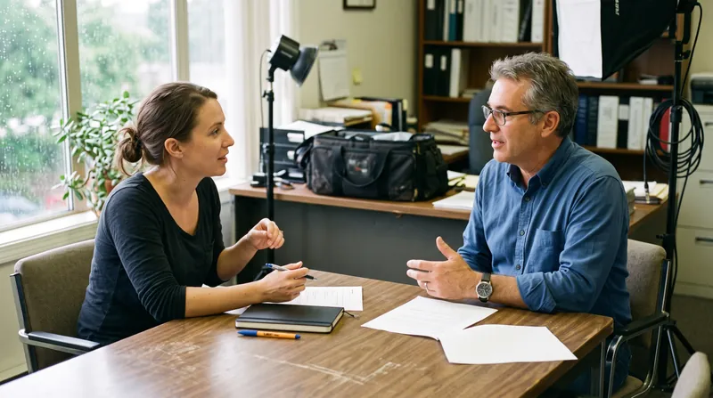 A video producer and service-business owner discussing testimonial interview topics before filming